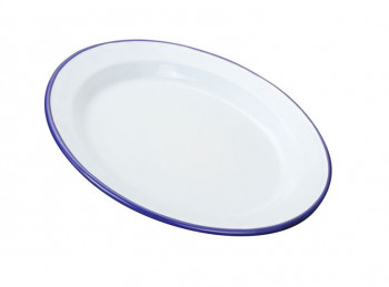 piatto piano da tavola in smalto bianco con bordo blu
